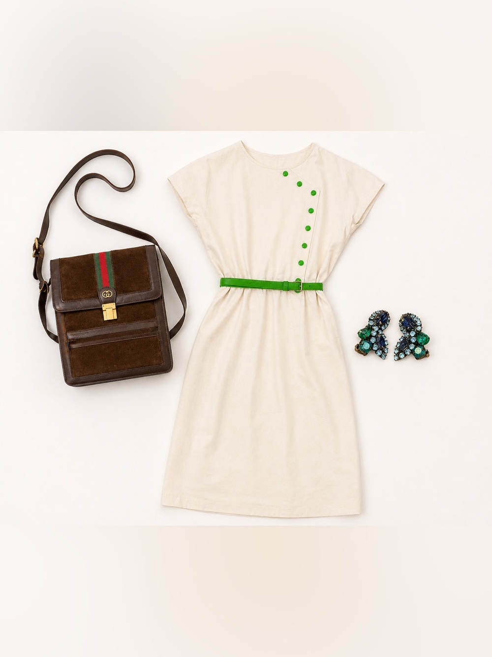 Vintage 80s Kay Windsor Dress Gucci Suede Bag Weiss Earrings Capsule Set